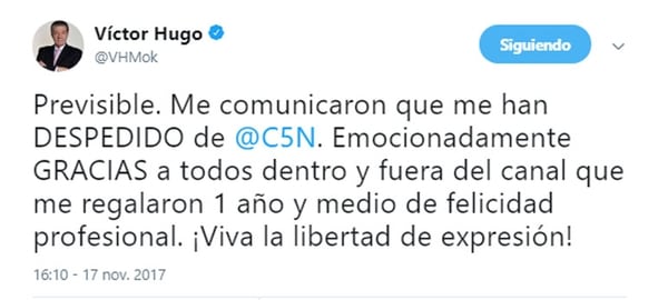 Tuit de Víctor Hugo Morales