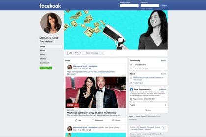 Una página de Facebook falsa que asegura ser un perfil de la fundación de Scott