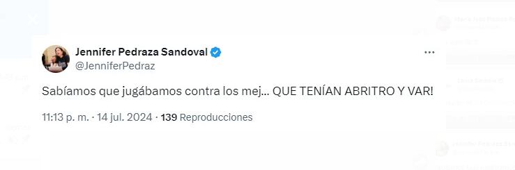 Jennifer Pedraza rechazó el actuar del equipo de arbitraje en la final de la Copa América - crédito @JenniferPedraza / X
