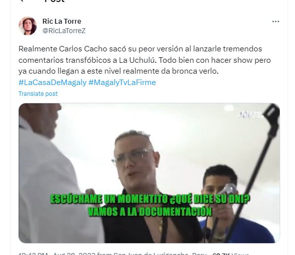 Ric de la Torre criticó la actitud de Carlos Cacho con La Uchulú. Cortesía Twitter Ric La Torre