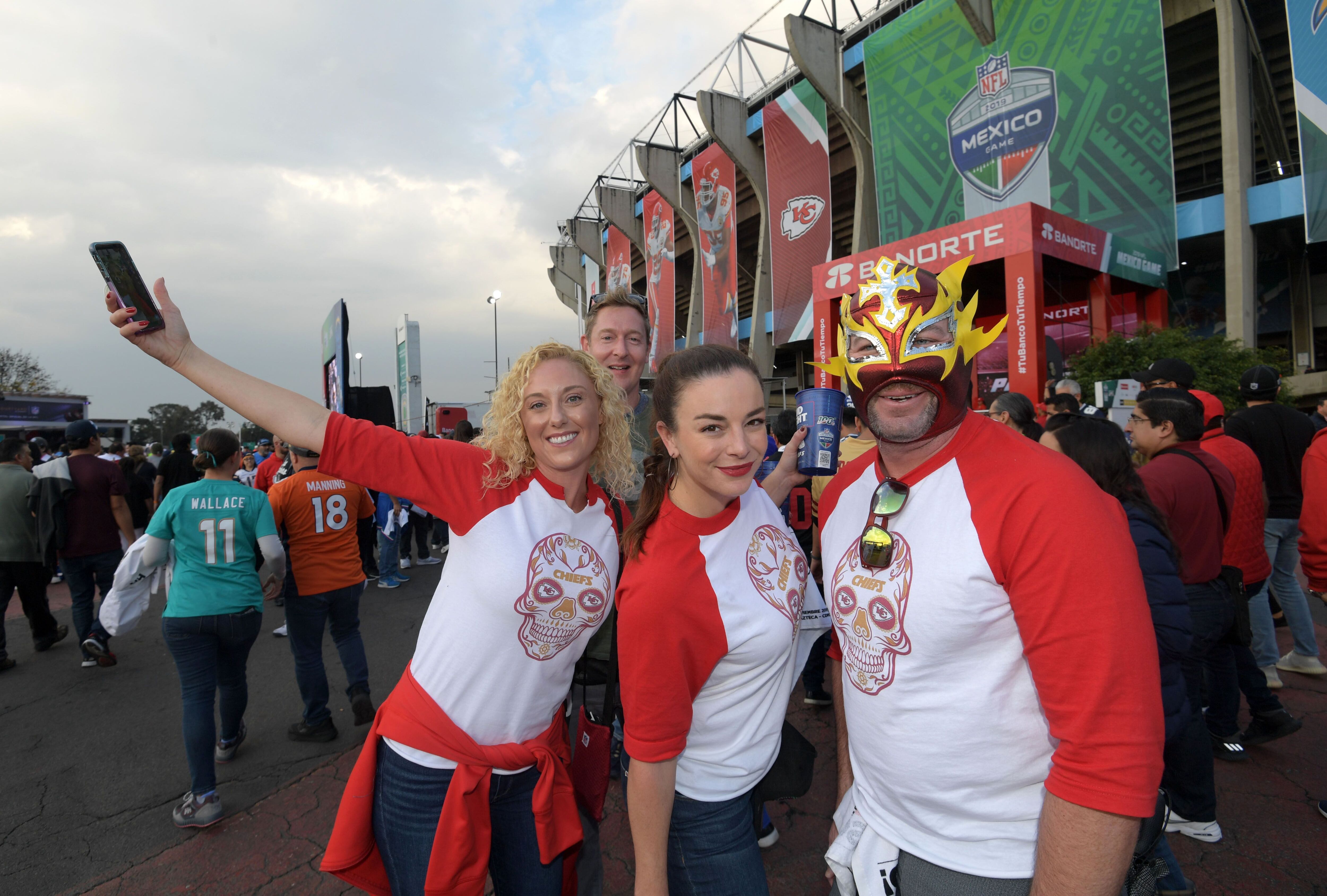 Nov 18, 2019; Mexico City, MEX; Kansas City Chiefs fans pose during an NFL International Series game against the Los Angeles Chargers at Estadio Azteca. Mandatory Credit: Kirby Lee-USA TODAY Sports