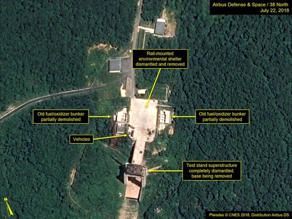 Las imagenes que muestran el desmantelamiento del sitio de lanzamiento de los satélites Sohae (AFP/ Pléiades © Cnes 2018, Distribution Airbus DS)