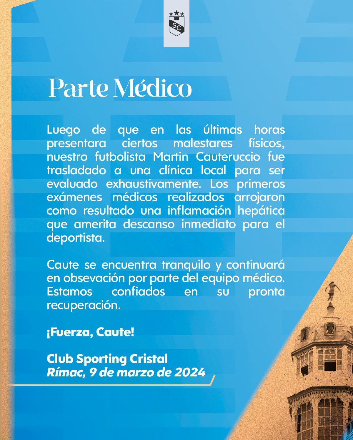 Sporting Cristal hizo oficial el parte médico de Martín Cauteruccio y no jugará contra Alianza Lima.