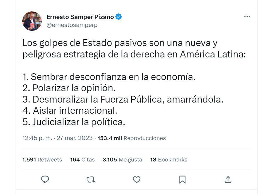 Ernesto Samper dijo que “Colombia no está exenta a un golpe de Estado pasivo”