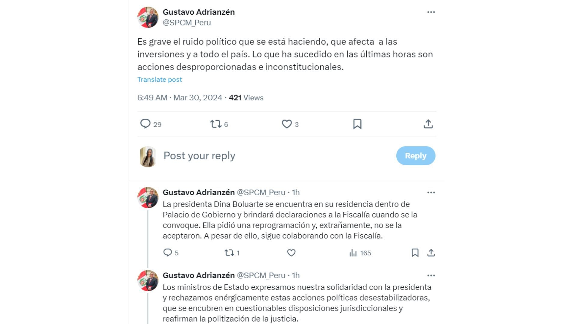 El premier Gustavo Adrianzén descarta renuncia de la presidenta Dina Boluarte y los ministros de Estado| X
