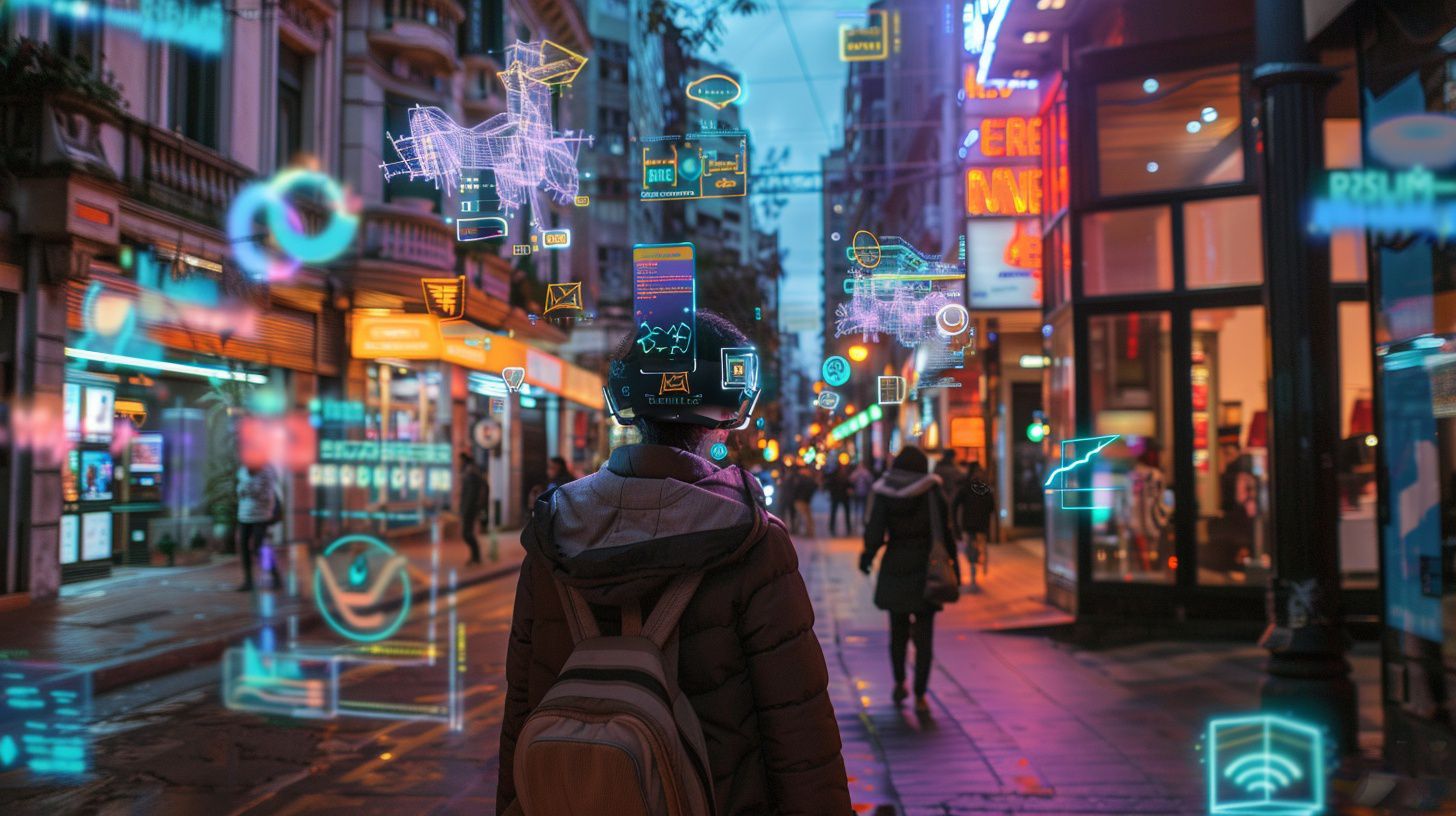 Hombre adulto camina por la calle con casco, lentes de realidad aumentada ciudad - (Imagen Ilustrativa Infobae)