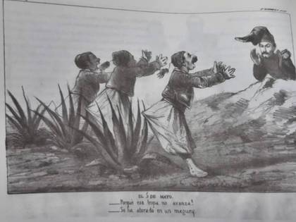 La prensa mexicana consignó la derrota del ejército francés. En esta caricatura de Constantino Escalante los zuavos están atorados y Lorencez trae una bota en la cabeza 