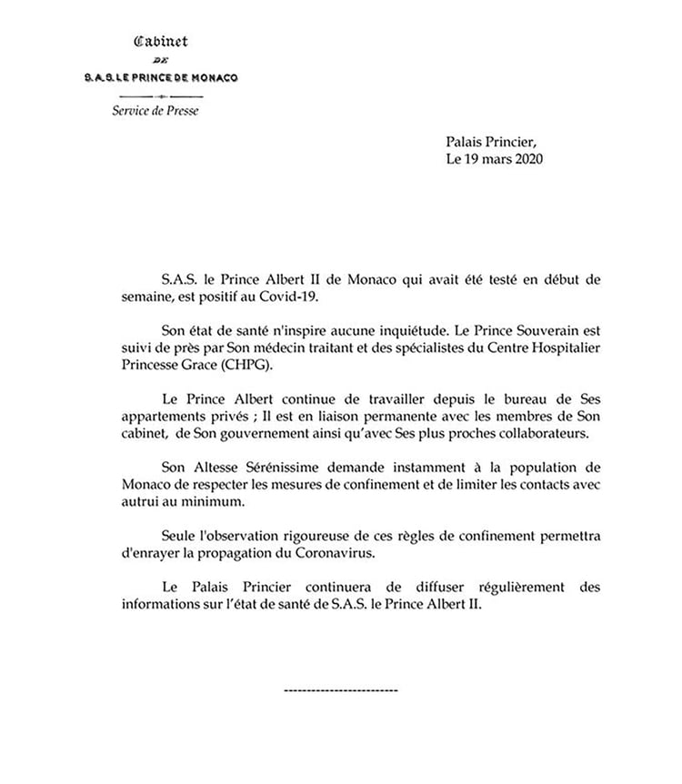 El comunicado del Palacio de Mónaco confirmando que el príncipe Alberto de Mónaco contrajo coronavirus