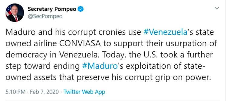 Pompeo celebra la medida del Departamento del Tesoro contra Conviasa