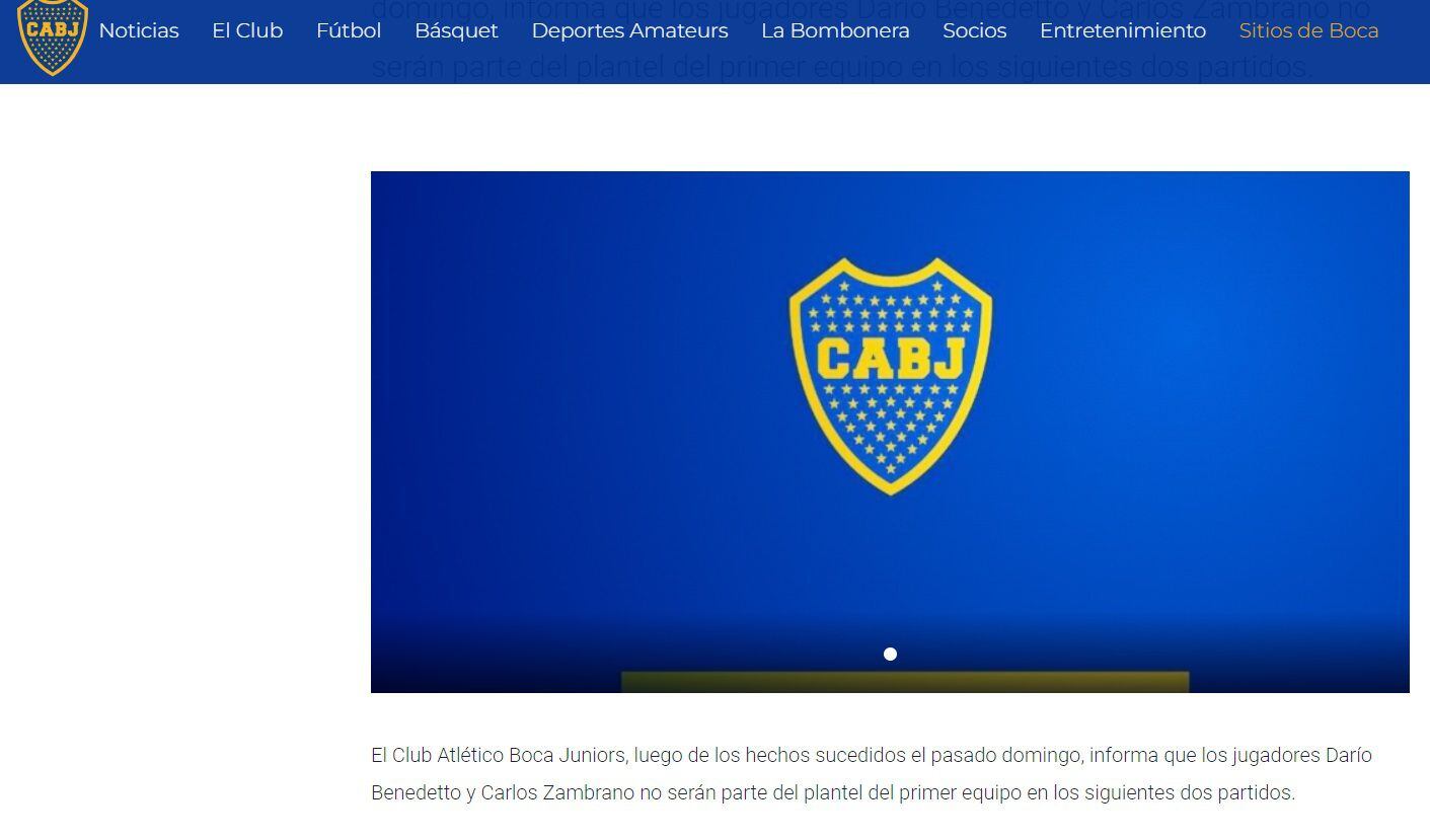Comunicado de Boca Juniors por Carlos Zambrano y Darío Benedetto.