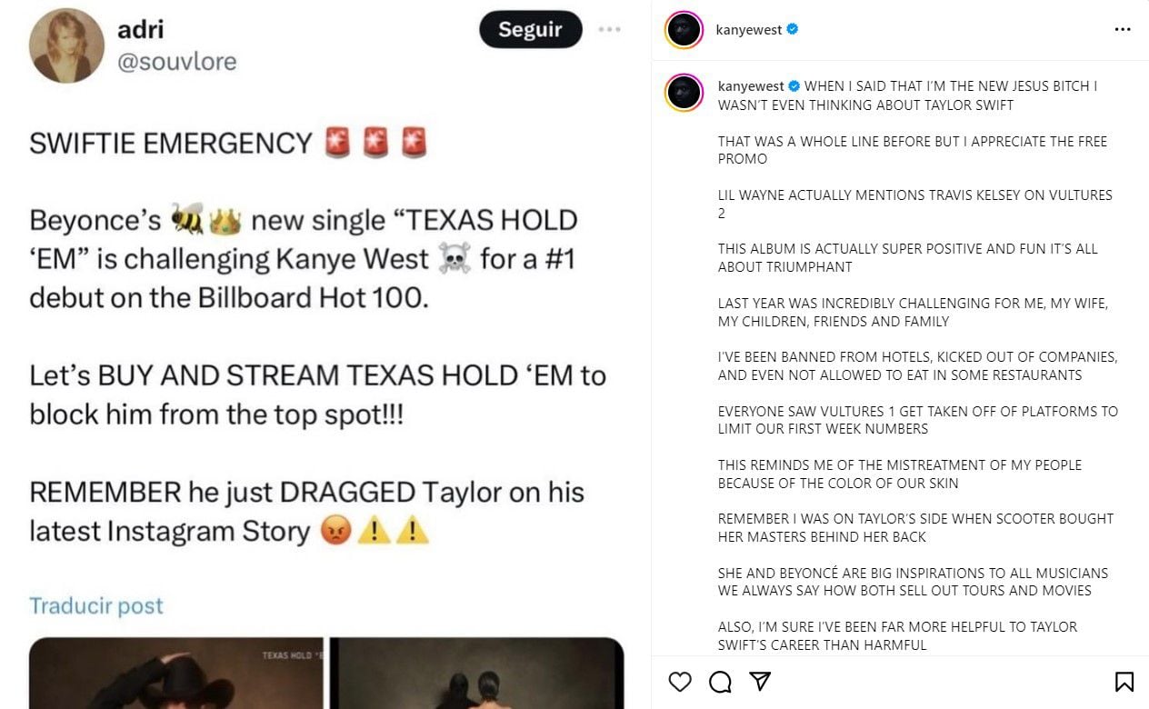 Los fanáticos de Taylor Swift comenzaron un boicot contra Kanye West apoyando el nuevo lanzamiento de Beyoncé, algo que el rapero vio como "publicidad gratis"
(Créditos: Instagram/Kanye West)