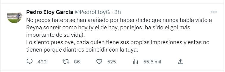 Respuesta de Pedro García a críticas por sus comentarios sobre Bryan Reyna. (Twitter PedroEloyG)