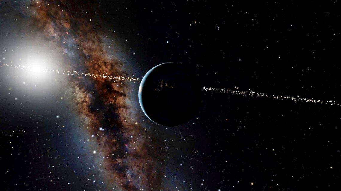 Esta vista artística de la Tierra y el sol desde miles de kilómetros por encima de nuestro planeta, muestra que las estrellas (con exoplanetas en su propio sistema) pueden entrar y salir de una posición para ver la Tierra en tránsito por el sol. (OPENSPACE/AMERICAN MUSEUM OF NATURAL HISTORY)
