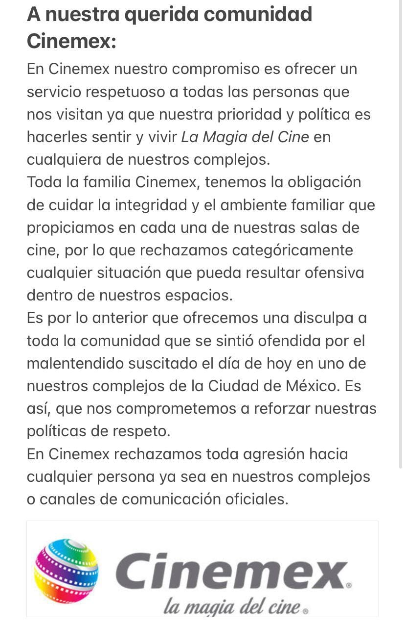 Este fue el comunicado completo de CInemex (Foto: Twitter/@Cinemex)