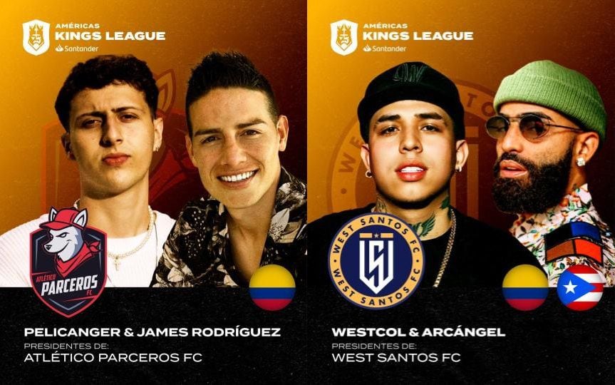 James Rodríguez y Pelicanger serán los presidentes de Atlético Parceros FC. Westcol junto a Arcangel se encargarán de dirigir a West Santos FC - crédito Kings League Américas