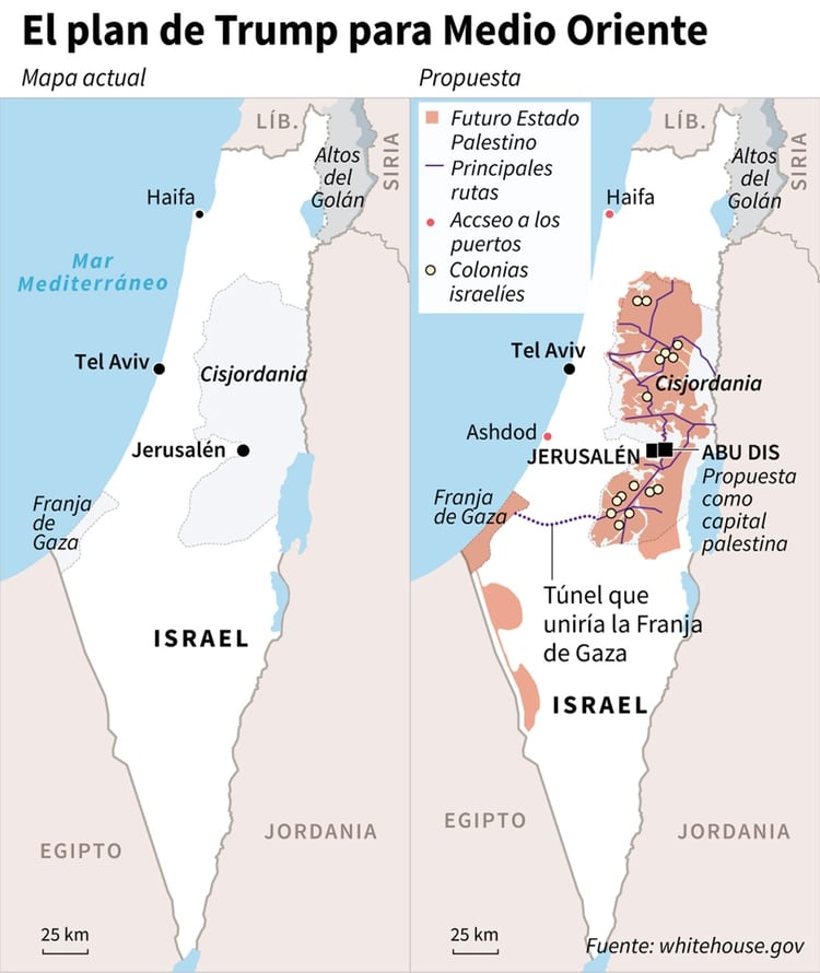 El primer mapa muestra las fronteras de facto establecidas tras la guerra de 1949, reconocidas por gran parte de la comunidad internacional, y el segundo muestra el proyecto para el nuevo estado palestino, que contempla en gran medida los cambios generados por la guerra de 1967