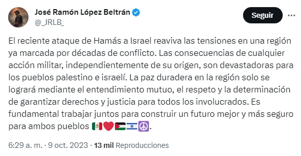José Ramón López Beltrán se posiciona sobre el conflicto bélico en Israel, asegura que debe de haber "entendimiento mutuo" para tener paz (Captura de Pantalla)