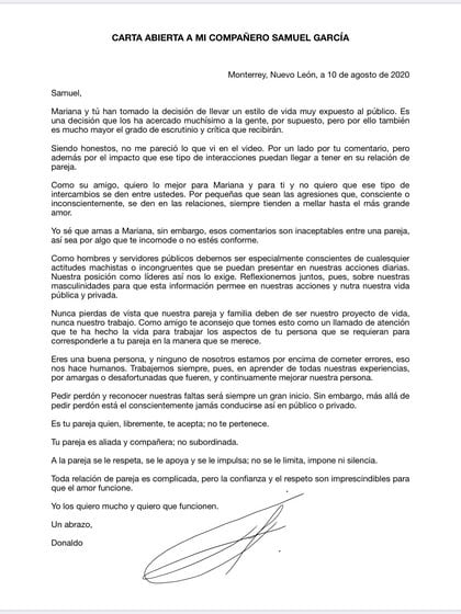 Texto completo de Luis Donaldo Colosio Riojas a Samuel García (Texto: Twitter / @colosioriojas)