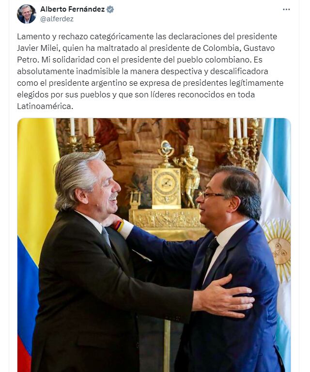 Alberto Fernández, expresidente de Argentina, respaldó a Gustavo Petro ante insultos de Javier Milei