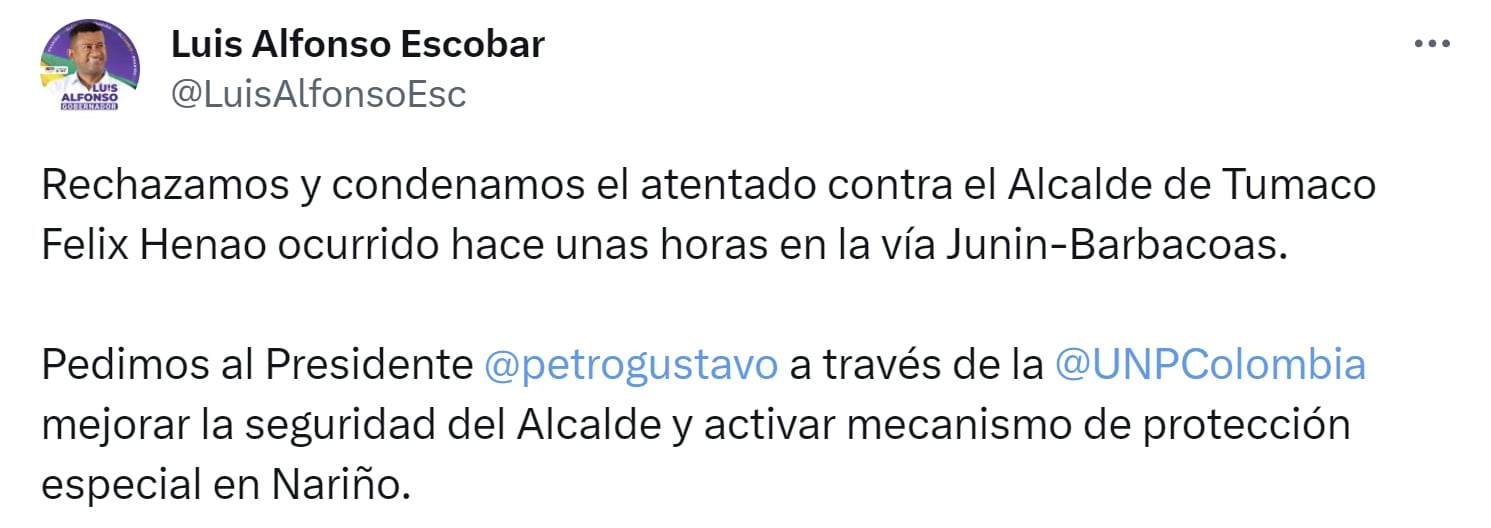 Luis Alfonso Escobar, gobernador de Nariño, solicitó seguridad para el departamento luego de atentado contra el alcalde de Tumaco - crédito X