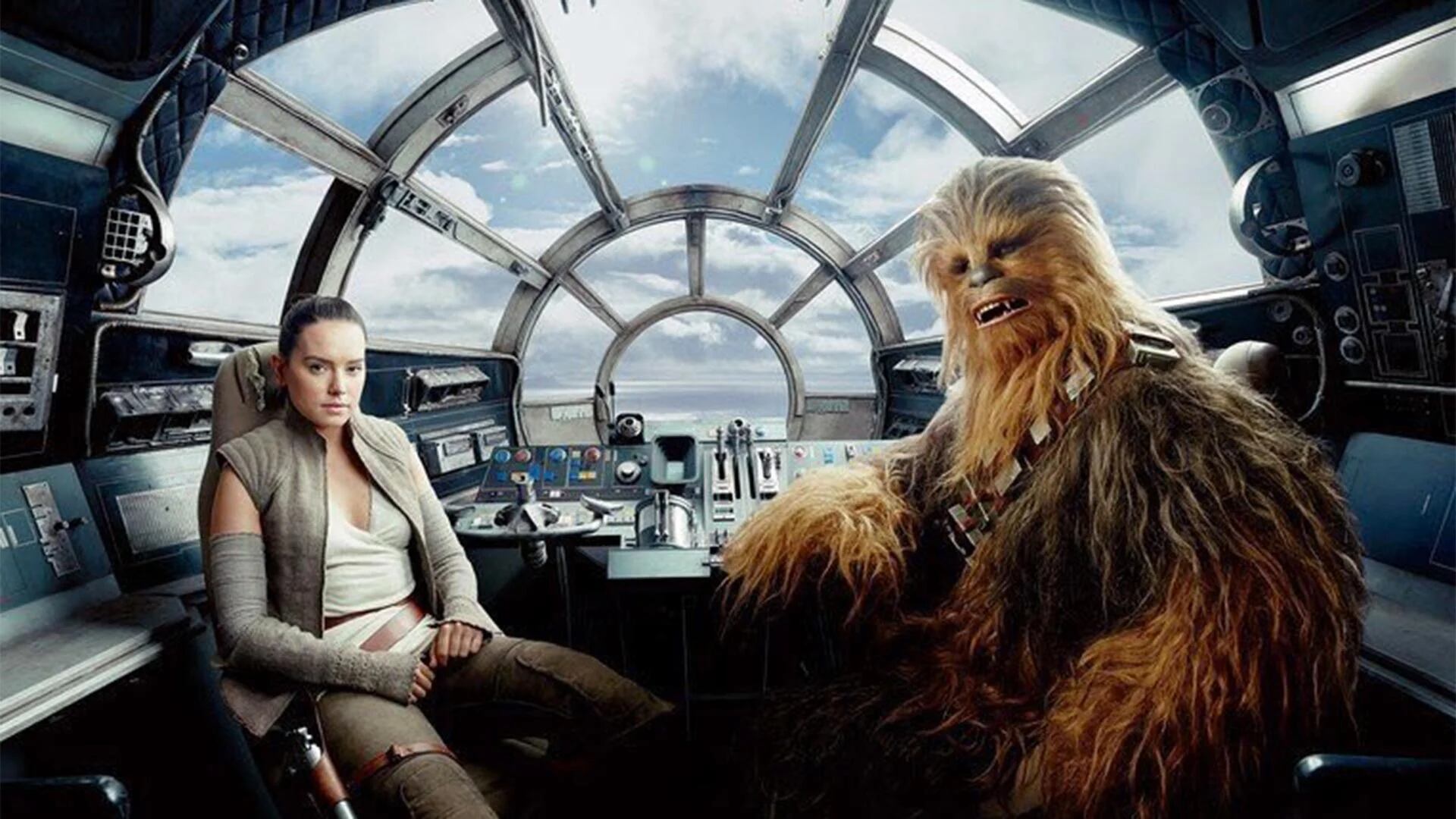 Rey junto a Chewbacca en “The Force Awakens”