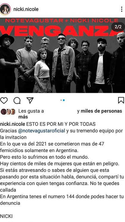 El posteo de Nicki Nicole presentando la canción y dejando un mensaje de concientización en contra de la violencia de género (Foto: Instagram @nicki.nicole)