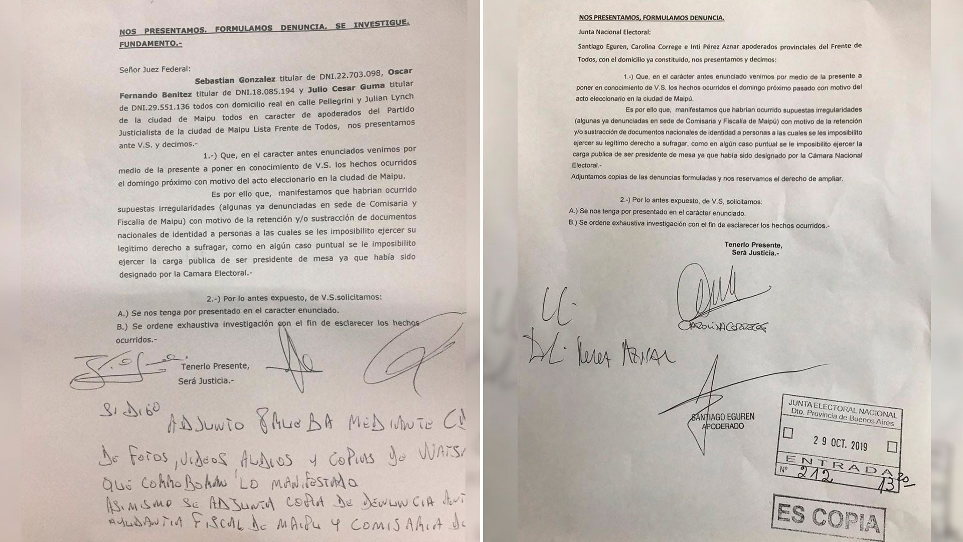 Denuncia de los apoderados del Frente de Todos por la supuesta "retención de DNI" presentadas ante el juez Ramos Padilla y la Junta Electoral de la Provincia de Buenos Aires.