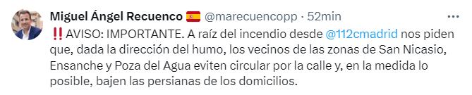 Comunicado en redes sociales del alcalde de Leganés, Miguel Ángel Recuenco, a raíz del incendio que afecta al municipio (@marecuencopp/X)