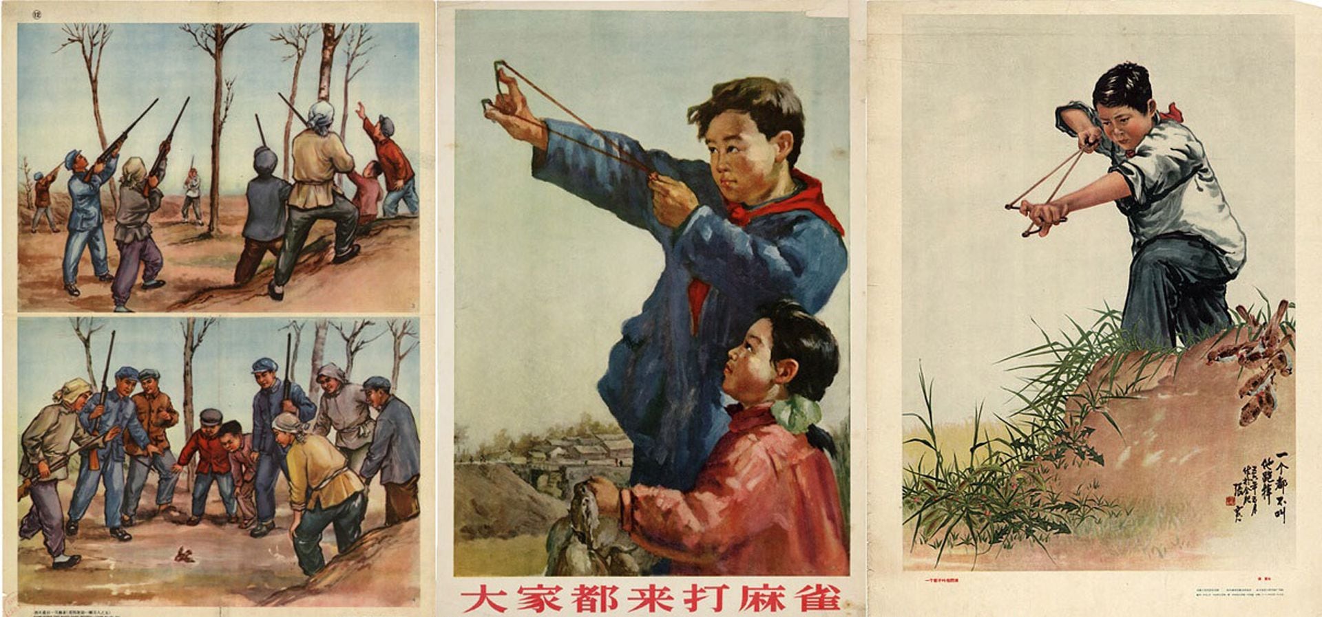 Distintas ilustraciones sobre el combate de los chinos contra los gorriones