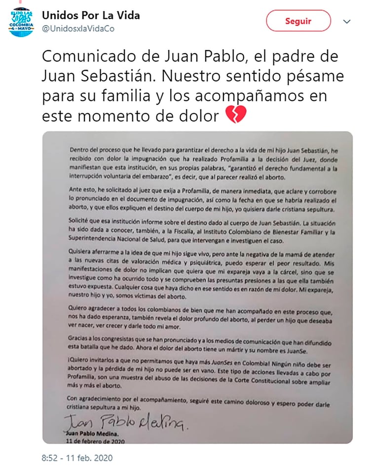 El comunicado del padre de 