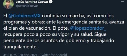 El vocero del presidente también informó en redes sociales sobre su estado de salud (Foto: Twitter@JesusRCuevas)