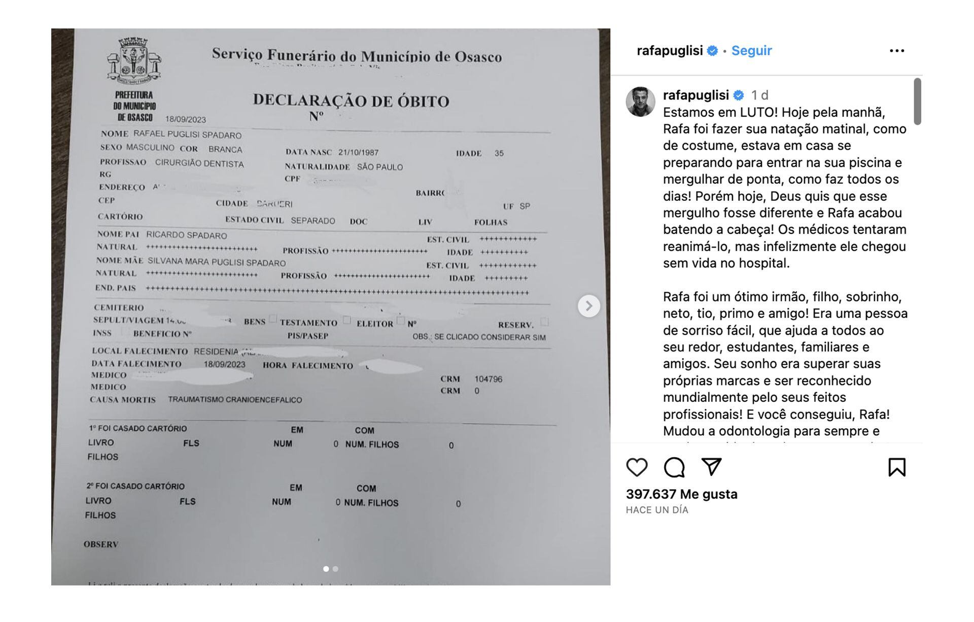 La familia de Puglisi confirmó el fallecimiento en una publicación en Instagram