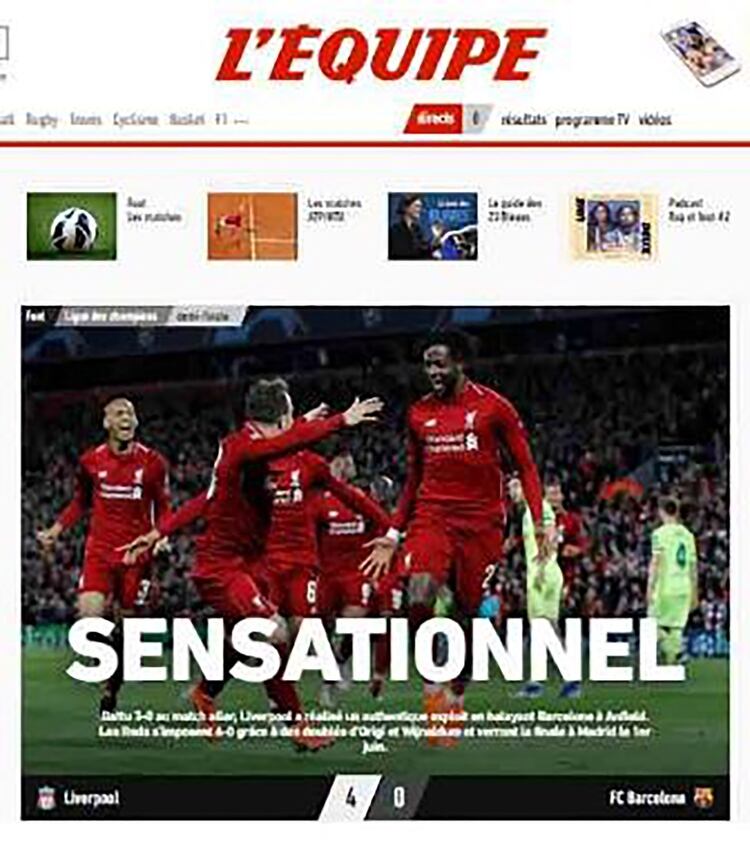 L’Equipe, Francia: “Sensacional. Liverpool realizó una auténtica explosión general en Anfield