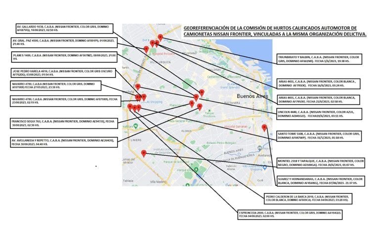 El mapa de los robos de las Nissan Frontier