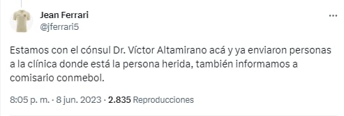 Jean Ferrari se pronunció respecto a la agresión a hinchas de Universitario en Colombia (Twitter).
