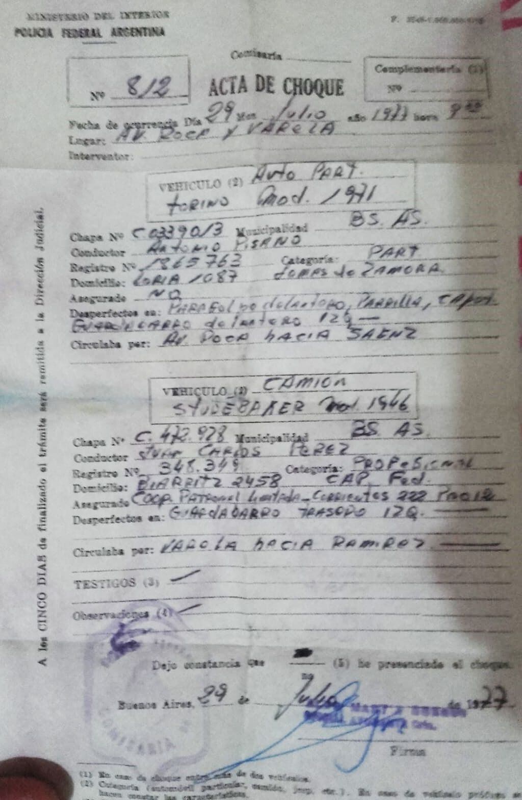 El acta de choque que encontró y gracias a los datos que obtuvo pudo dar con la localización del vehículo