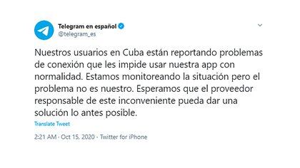 El mensaje publicado por Telegram sobre los problemas registrados por sus usuarios en Cuba