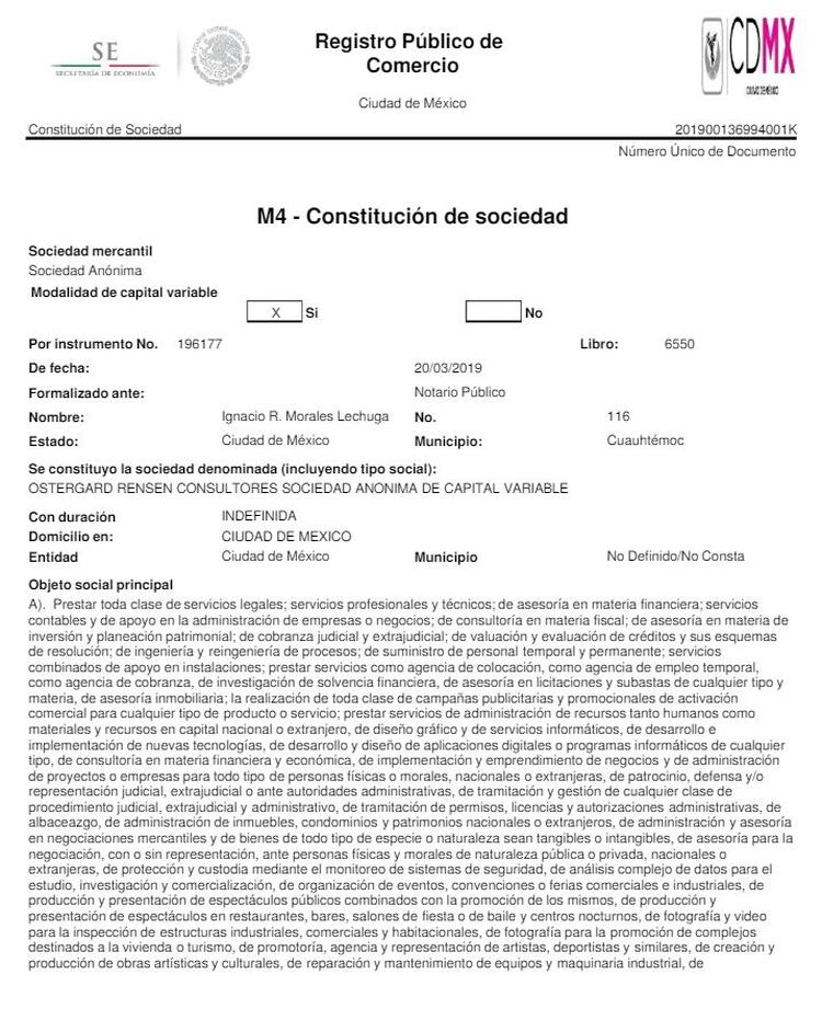 Acta constitutiva de la empresa Ostergard Rensen Consultores (Foto: cortesía El Quinto Elemento Lab)