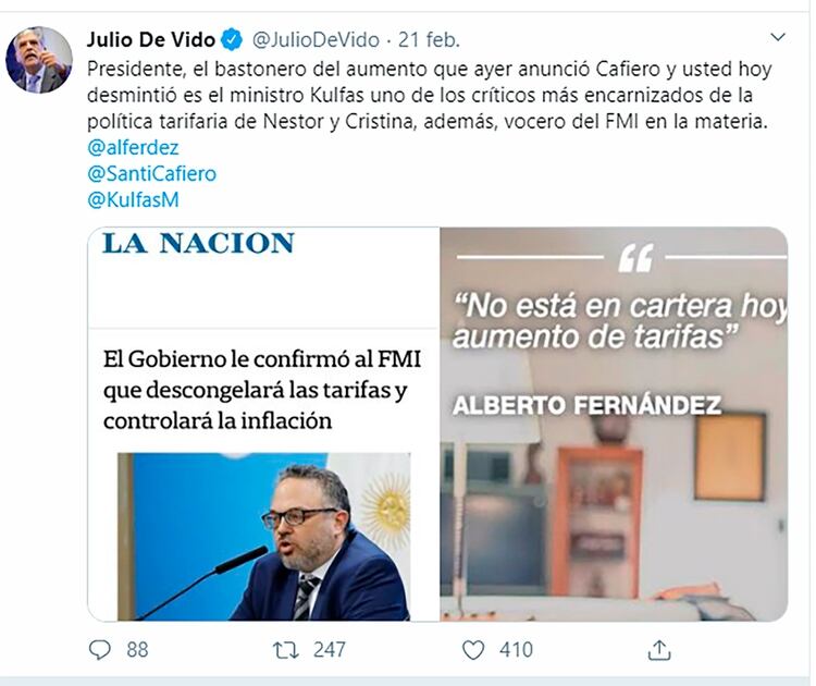 El tuit con que desde su prisi&oacute;n domiciliaria De Vido atac&oacute; al ministro de Desarrollo Productivo, Mat&iacute;as Kulfas
