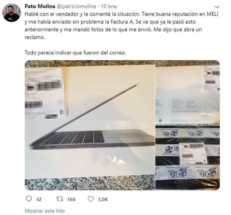 Molina destacó que el vendedor fue precavido y sacó fotos al producto antes de enviarlo.