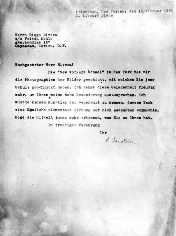 La carta de Albert Einstein en alemán a Diego Rivera, fechado el 13 de febrero de 9134