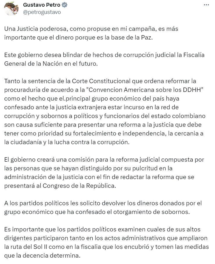 Presidente Gustavo Petro anunció una reforma a la Justicia