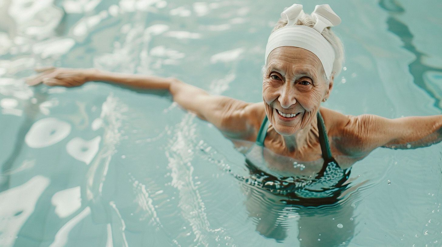 Una abuela realiza ejercicios de natación en una piscina, demostrando la importancia del mantenimiento físico en la tercera edad. Su compromiso con la salud y el bienestar a través del cuidado del cuerpo es un testimonio de amor propio y determinación. (Imagen ilustrativa Infobae)