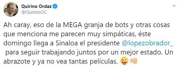 El gobernador de Sinaloa confirmó la visita del presidente López Obrador a la entidad (Foto: QuirinoOC)