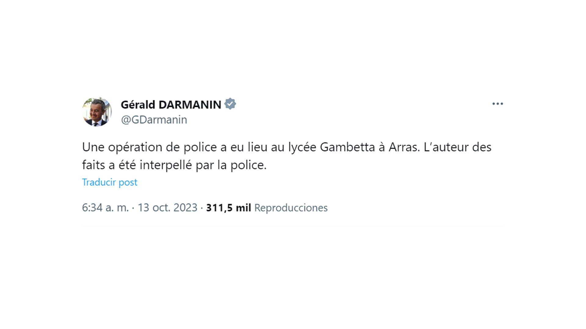 El mensaje del ministro del Interior, Gérald Darmanin