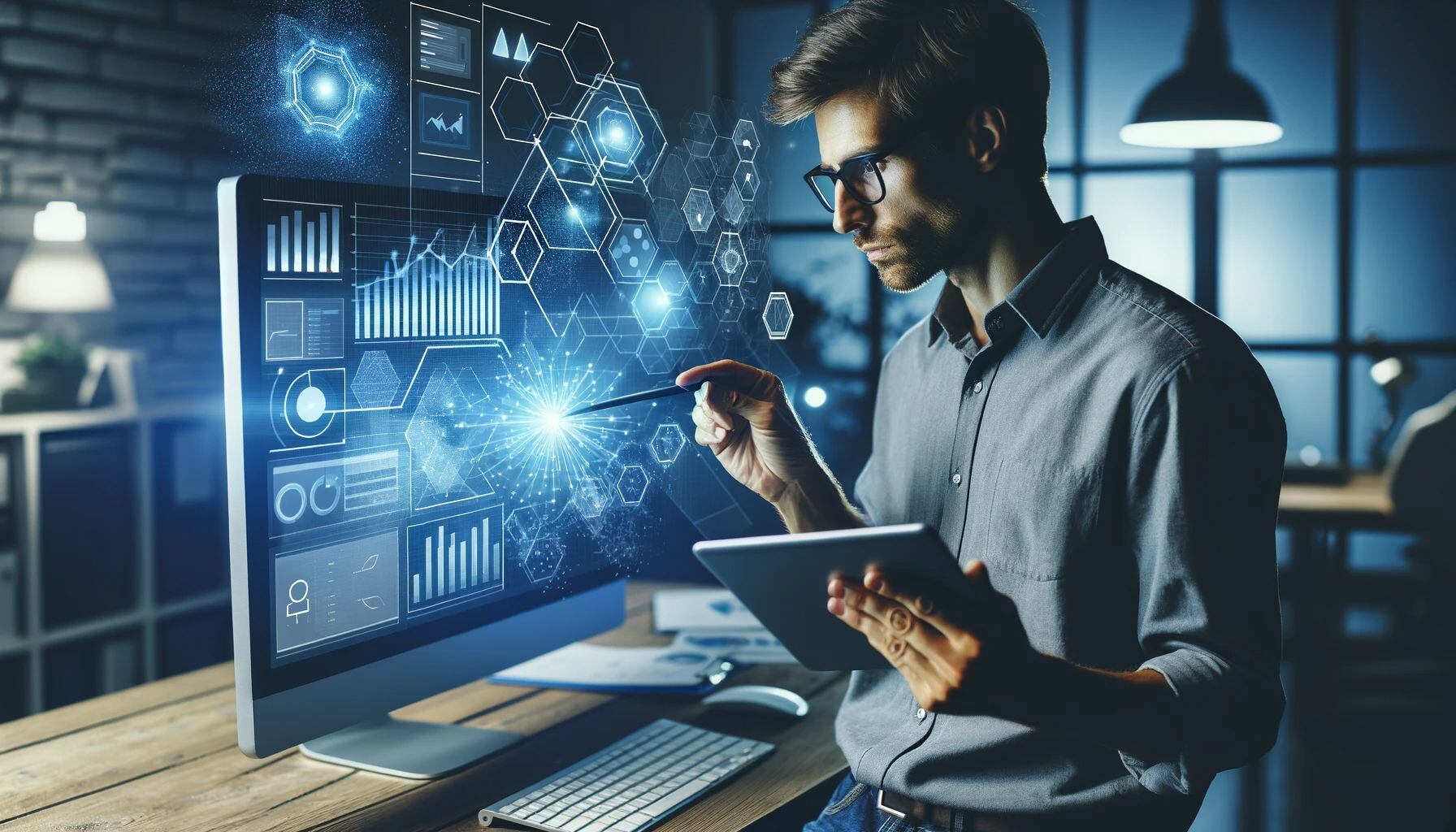 Imagen de un hombre trabajando con una tablet y una computadora, destacando la importancia de la innovación y la tecnología en la Economía del Conocimiento. (Imagen ilustrativa Infobae)