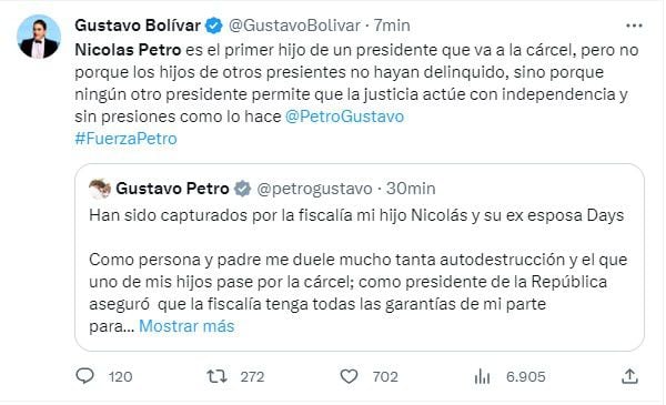 Trino Gustavo Bolívar captura Nicolás Petro Burgos. /Foto: Twitter Gustavo Bolívar