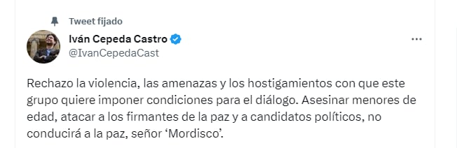 A través de Twitter, el integrante de la mesa de diálogos con el ELN se despachó contra el comandante del Estado Mayor Central.
Twitter (@IvanCepedaCast)