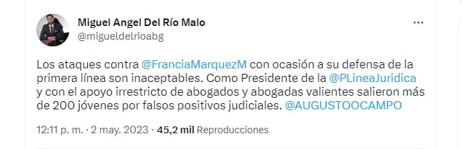 El abogado del Río Malo manifestó su apoyo a la vicepresidenta. Twitter.