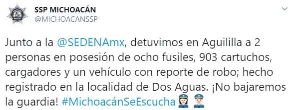 En Aguililla fueron detenidas dos personas y fueron decomisados un vehículos y armas largas (Foto: Twitter/MICHOACANSSP)